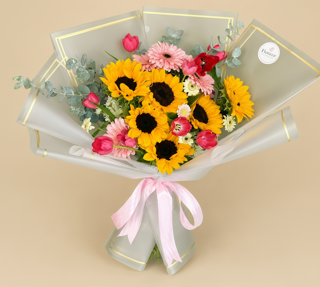Girasoles y tulipanes